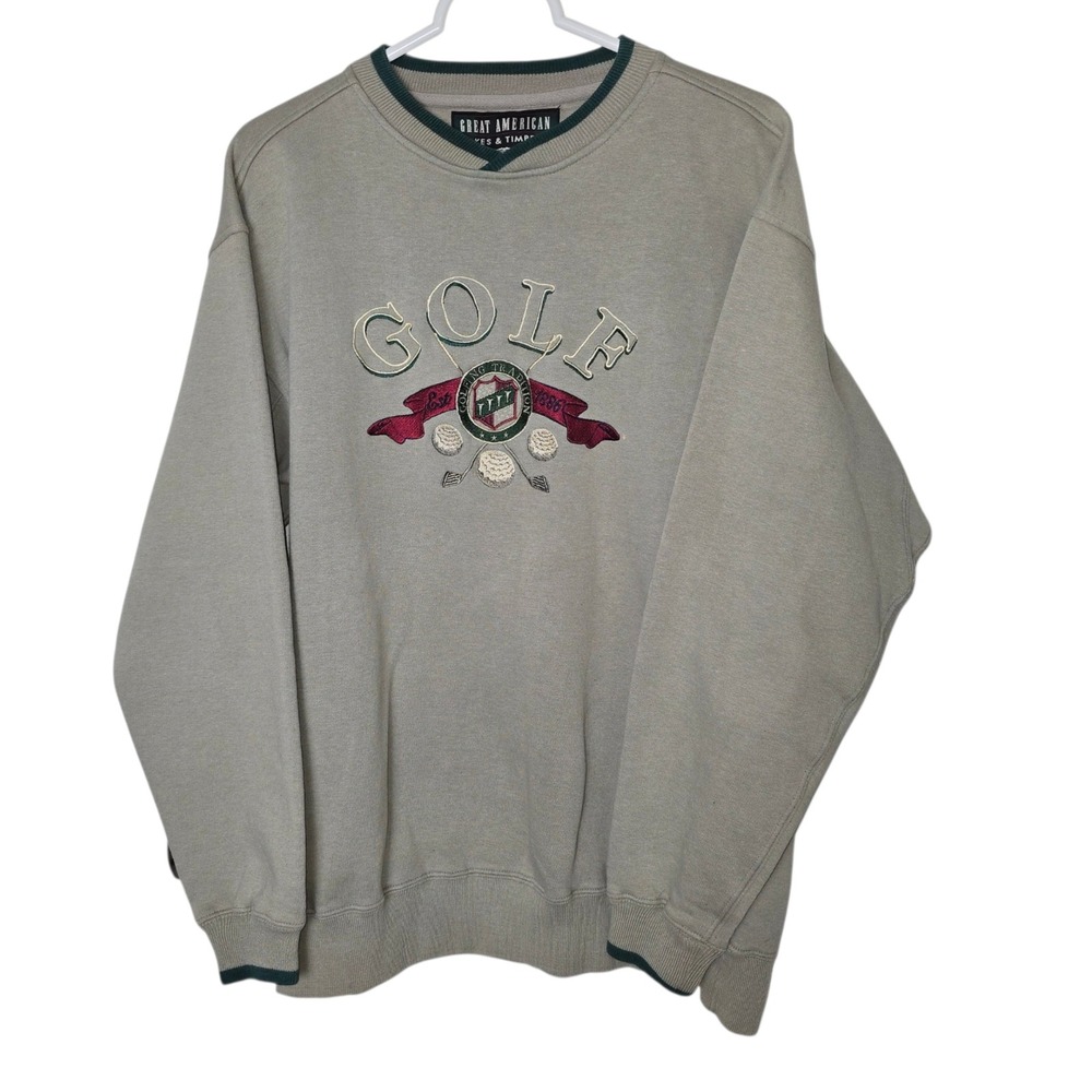 Great American Lakes & Timbers Mens Golf Sweatshirt Tan Green Embroidered Medium
